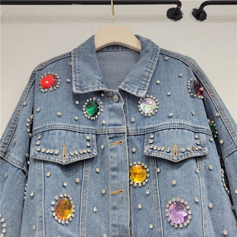 Colorful Diamond Denim Jacket for Women