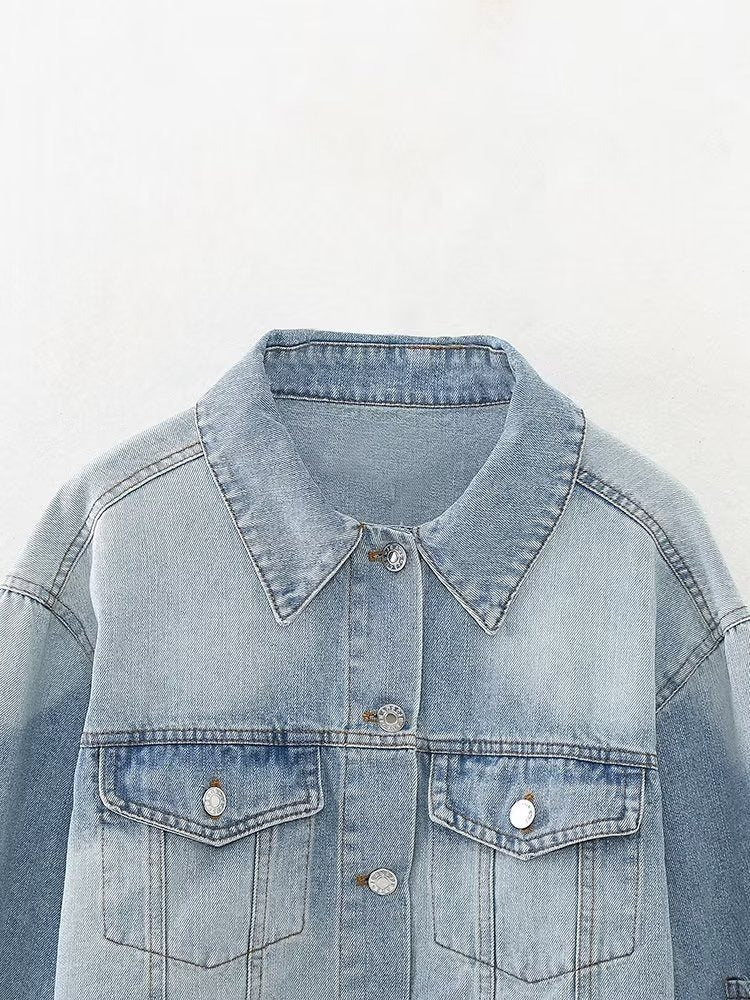 Vintage Denim Crop Jacket for Women with Long Sleeves and Front Buttons