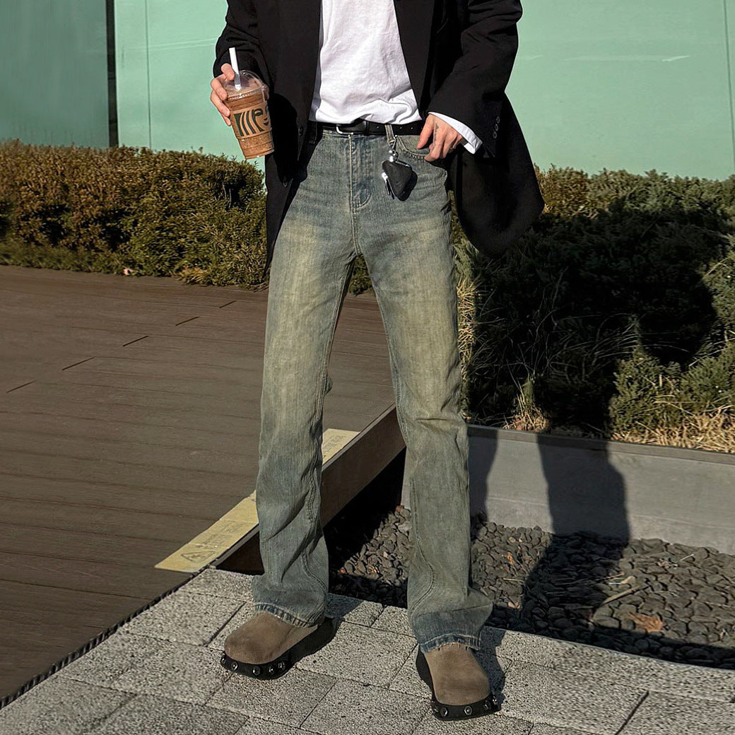 Casual Straight Leg Denim Pants for Men - High Street Long Trousers in Vintage Washed Jeans