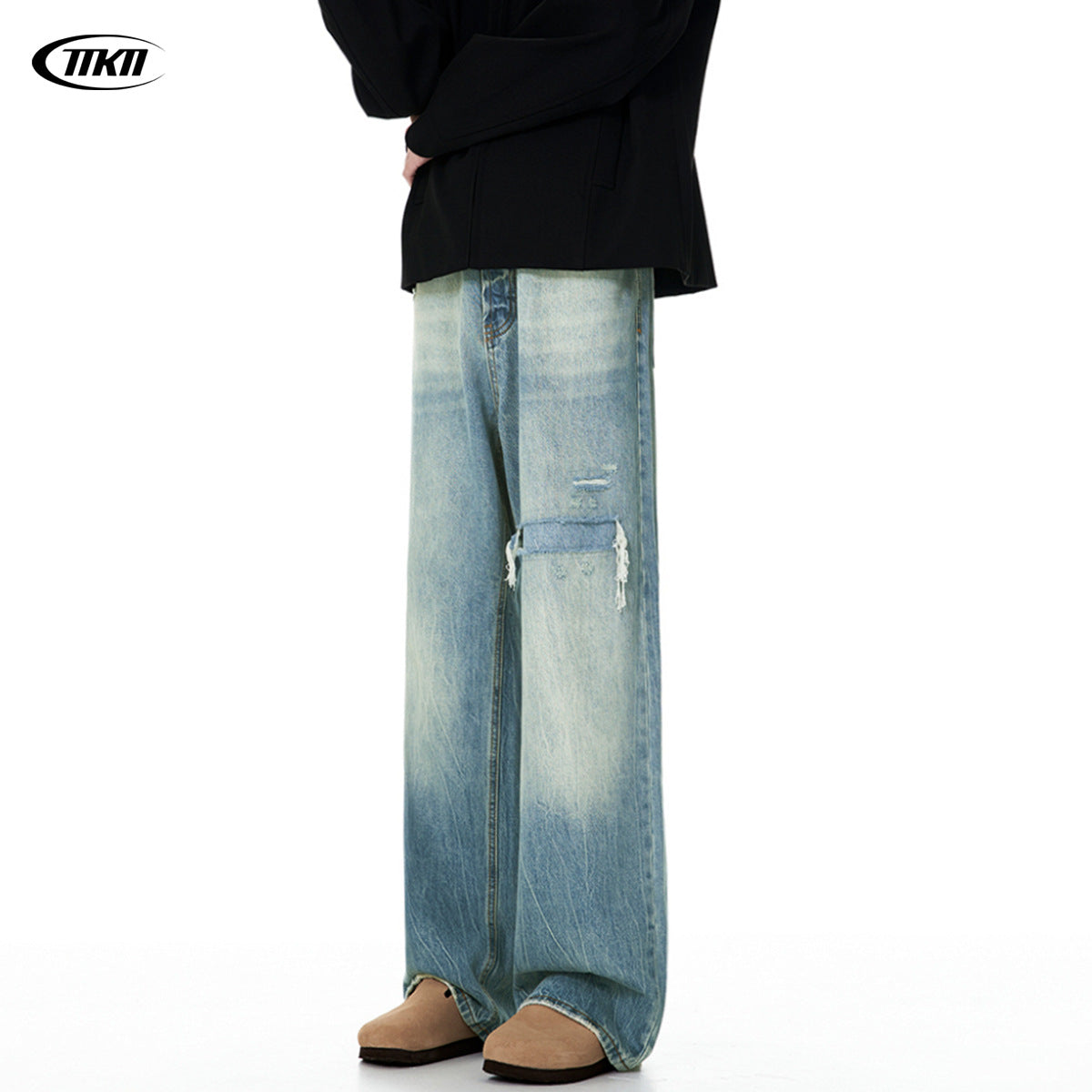 Blue Denim Pants for Men and Women - Knife-Cut Destruction, Water Washed, Wide-Leg Casual Trousers