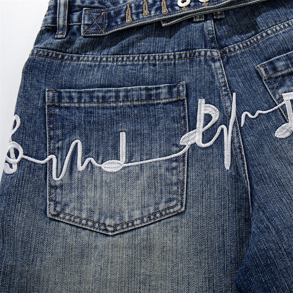 Men's Embroidered Denim Shorts — Mid Rise Loose Fit, Blue