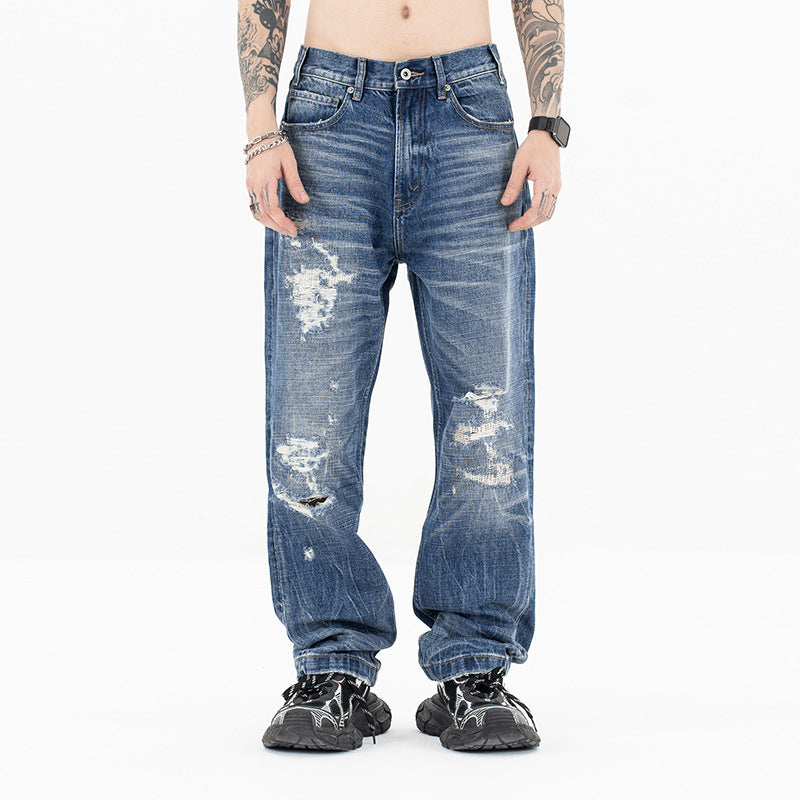 Men's Water-Washed Distressed Straight Jeans with Loose Wide Legs