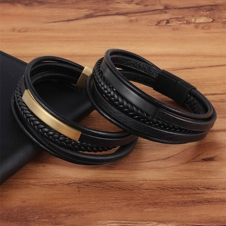 Genuine Leather Bracelet for Men - Handmade Multilayer Magnet Charm