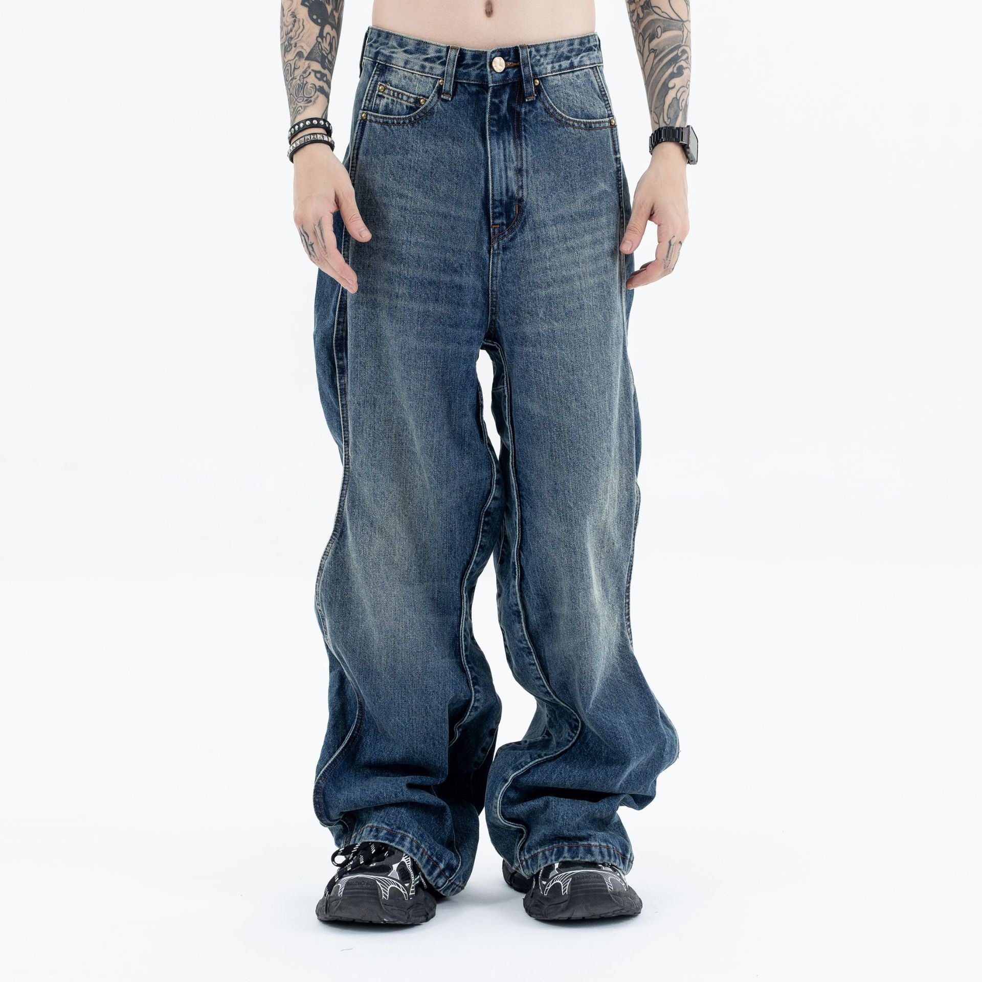 Men's Wave Pants - Water Washed Distressed Loose Straight Jeans