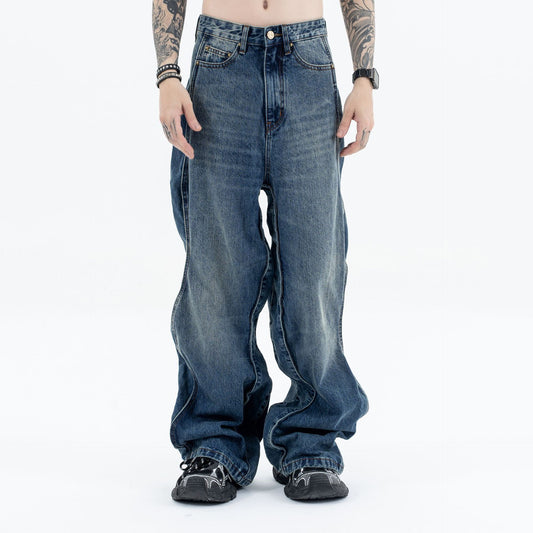 Men's Wave Pants - Water Washed Distressed Loose Straight Jeans