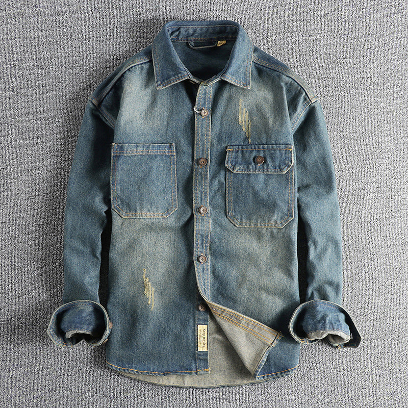 Sleeve Patchwork Vintage Washed Denim Shirt Loose Fit