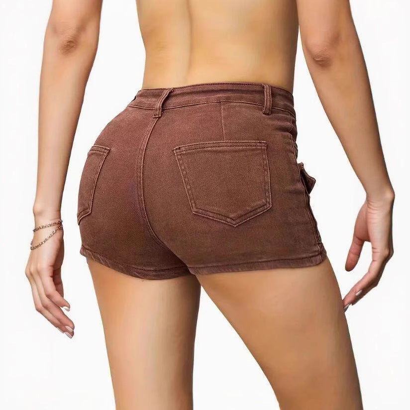 Elastic Denim Shorts for Women -  Pure Color Denim Short Pants