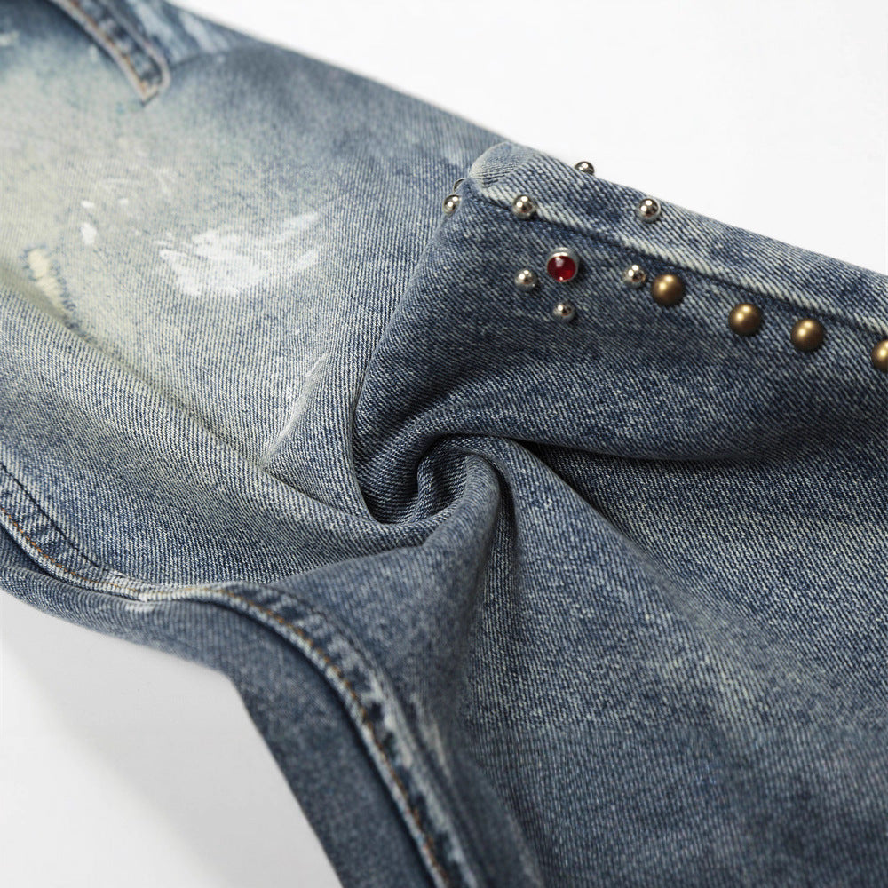 Men's Distressed Denim Pants, Loose Fit, Wide Leg, Casual Jeans