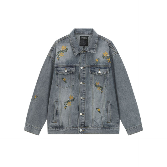 Floral Embroidery Washed Denim Jacket with Button Closure and Notched Collar