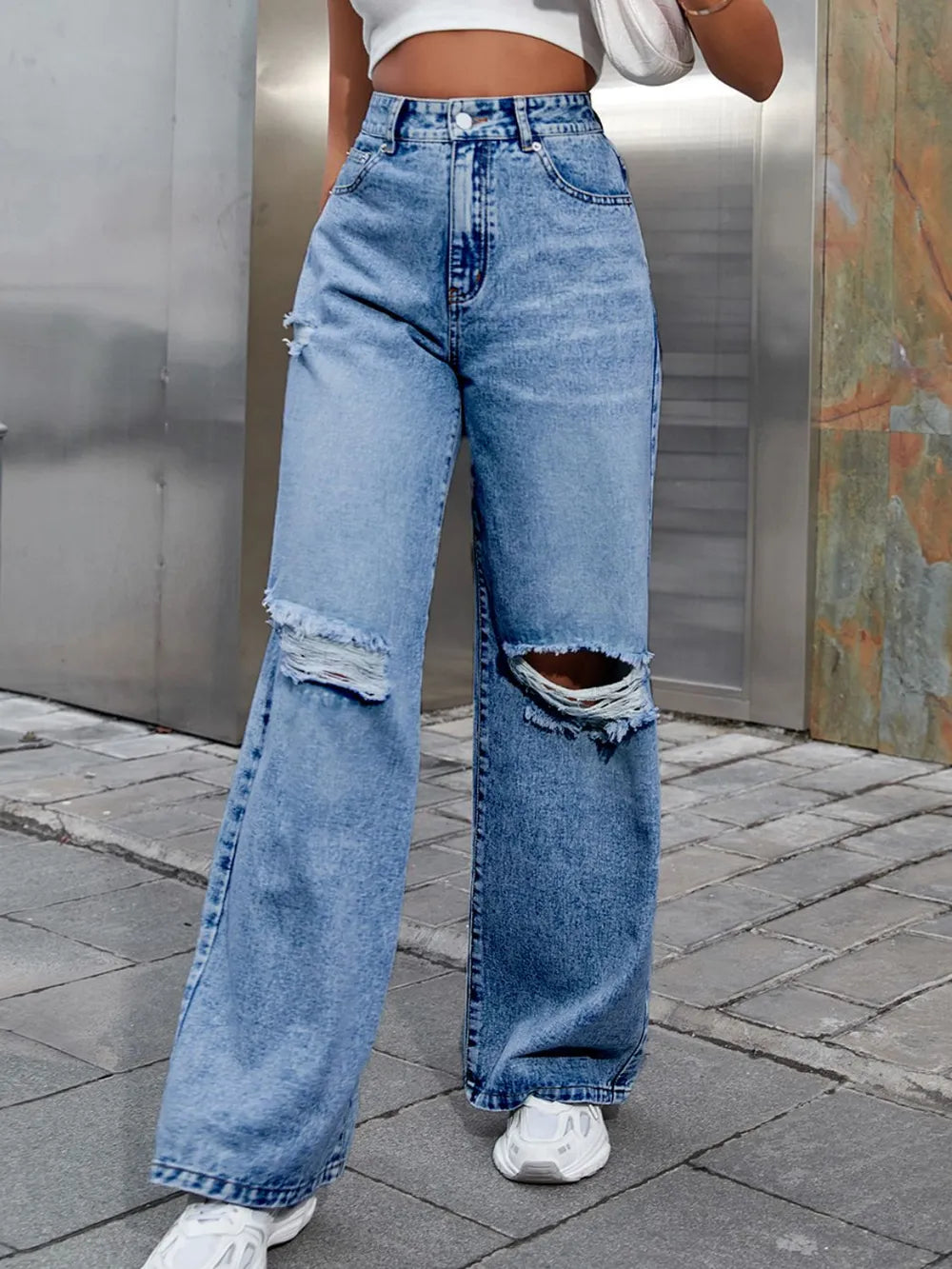 Distressed Wide Leg Jeans with Pockets - Premium Japanese Denim