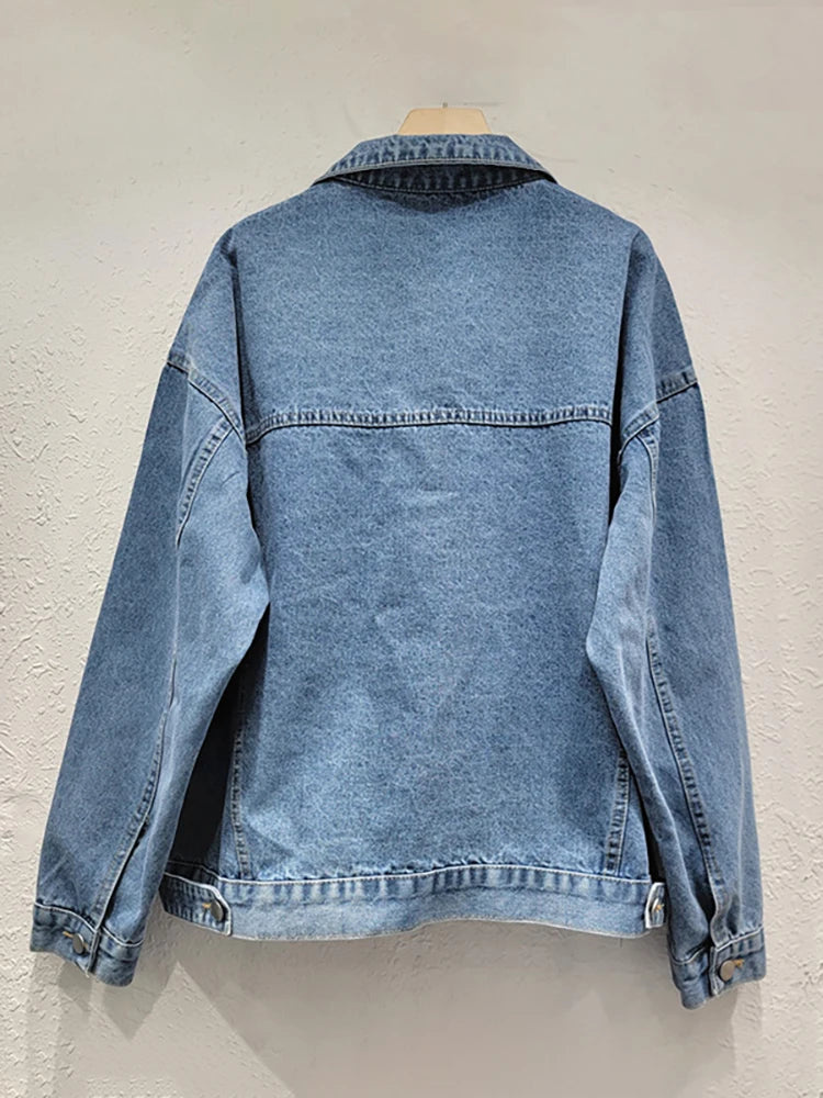 Women's Denim Jacket with Big Sequins, Pearls, and Rhinestones