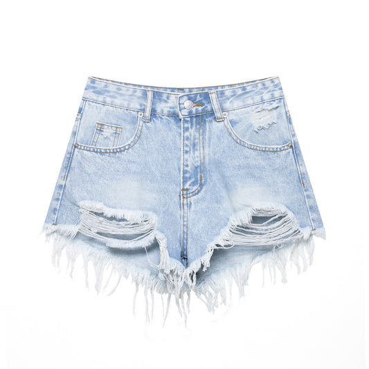 Broken Hole Decorative Curved Edge Denim Shorts for Women
