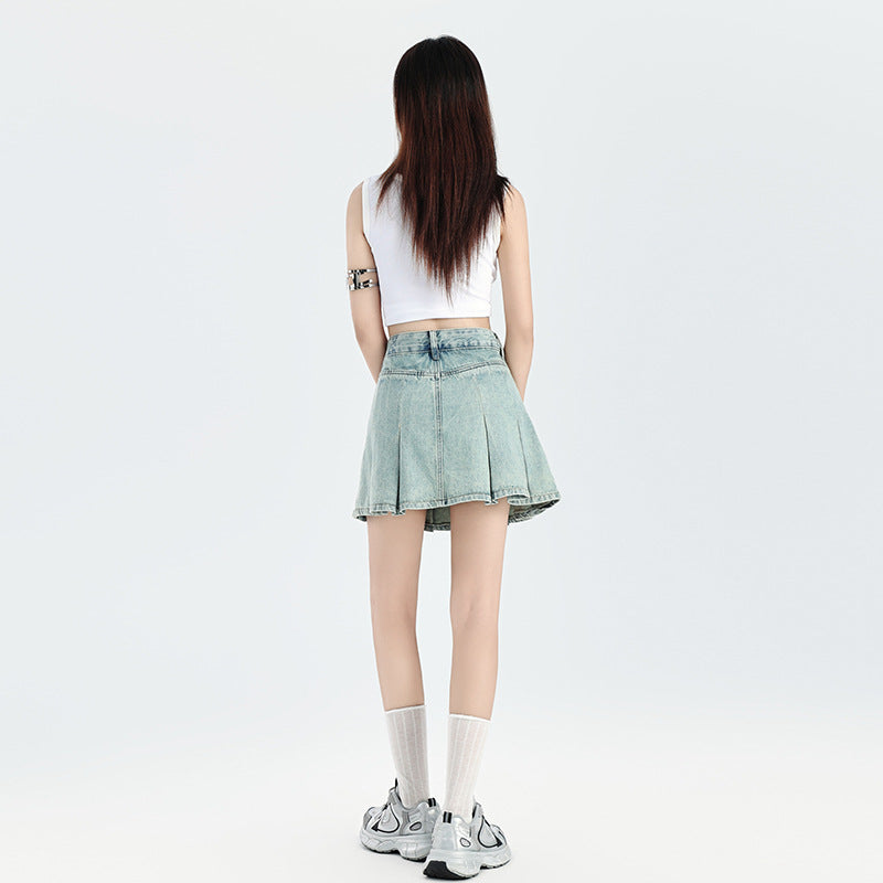 Women's High Waist Pleated Denim Skirt - Slim Fit, Short Length