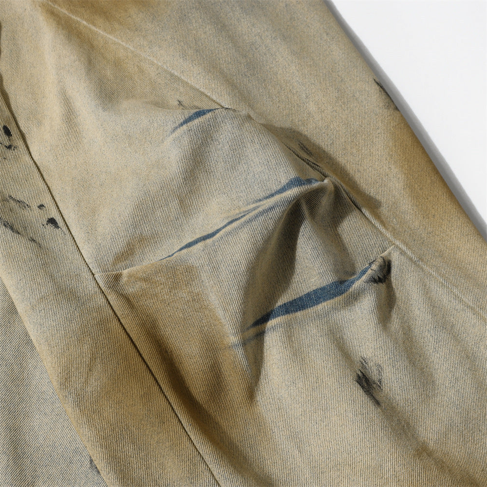 Men's Wide-Leg Punk Style Denim Pants with Paint Splatter