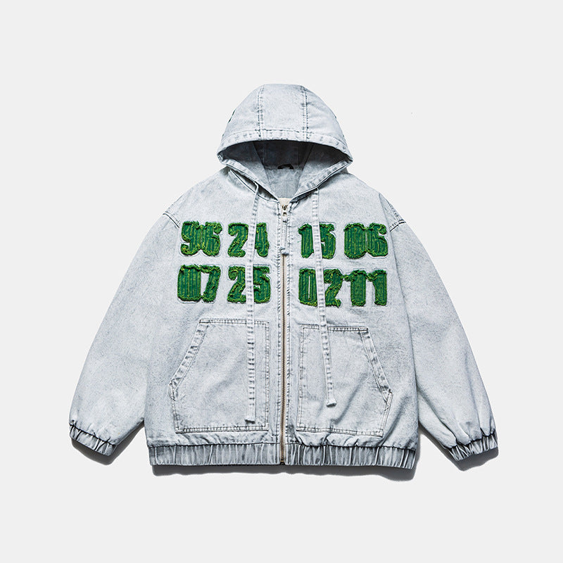 Men's Washed Denim Jacket - Trendy Hooded Design with Patch Embroidery