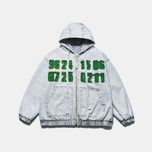 Men's Washed Denim Jacket - Trendy Hooded Design with Patch Embroidery