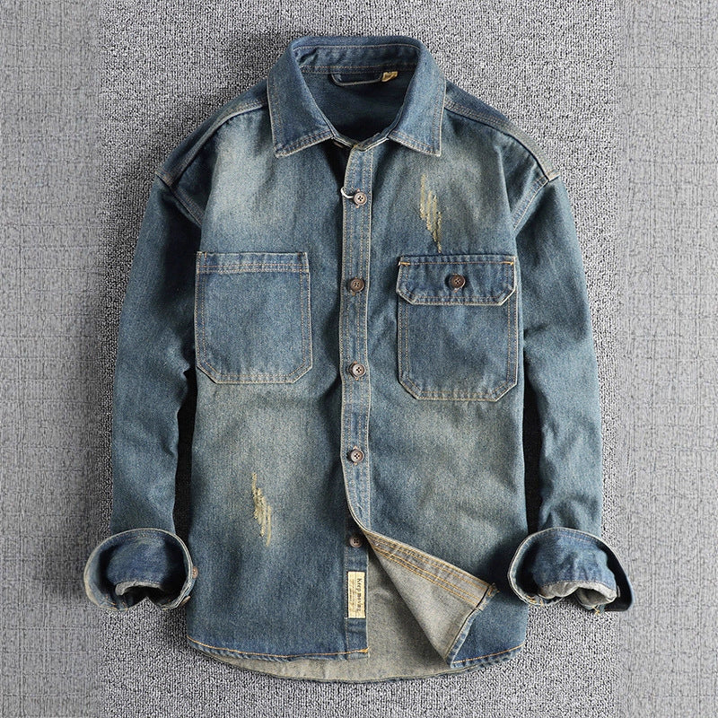 Sleeve Patchwork Vintage Washed Denim Shirt Loose Fit