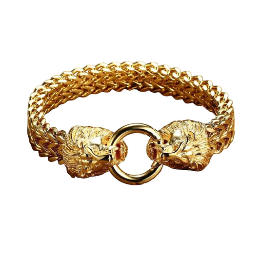 Antique Double Lion Head Herringbone Chain Bracelet for Men Stainless Steel Gold Tone Hip Hop Punk Jewelry 22.5cm