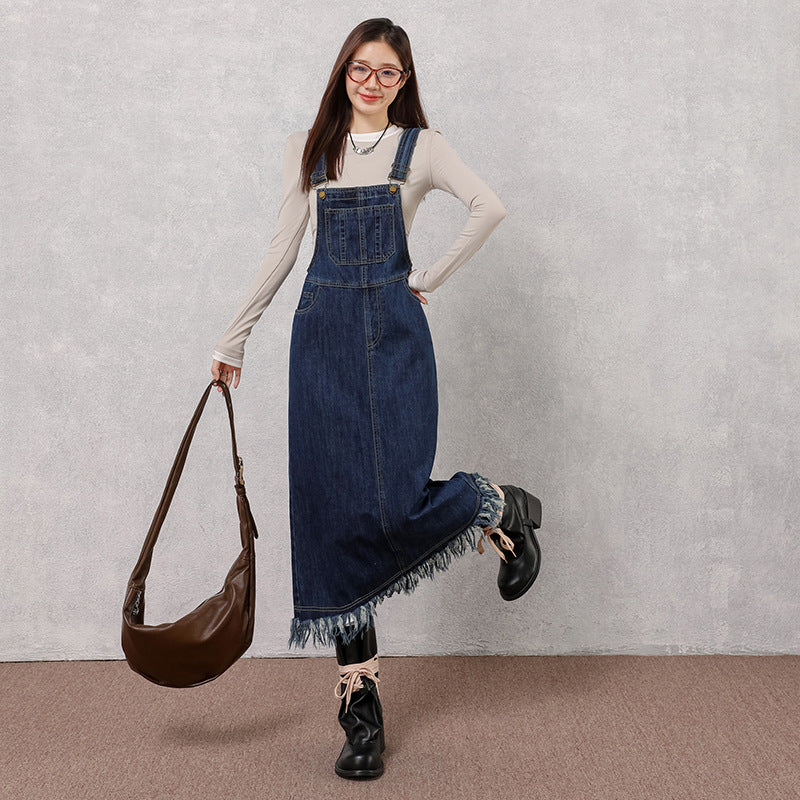 Retro Denim Pinafore Dress for Women with High Waist and Loose Fit