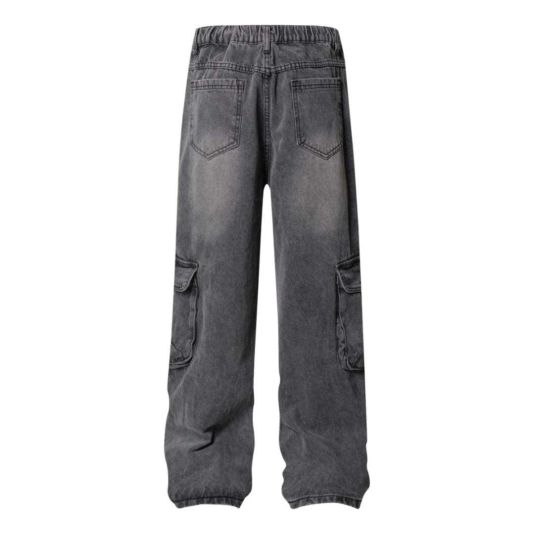 High Street Washed Vintage Multi-Pocket Denim Work Pants - Unisex Loose Wide Leg Trousers