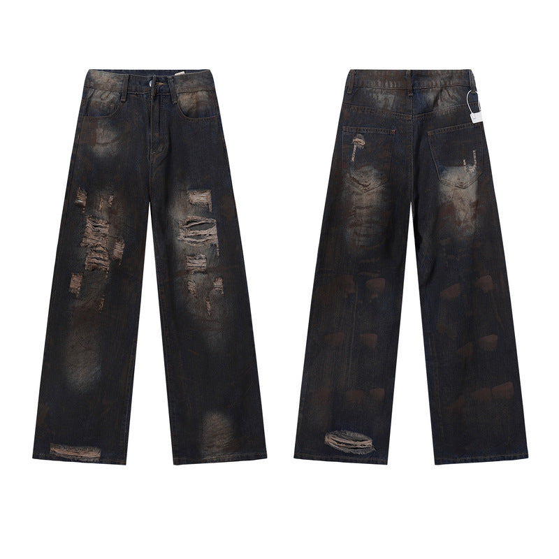 Washed Mud-Dyed Ripped Jeans - Men's Loose Wide-Leg Pants