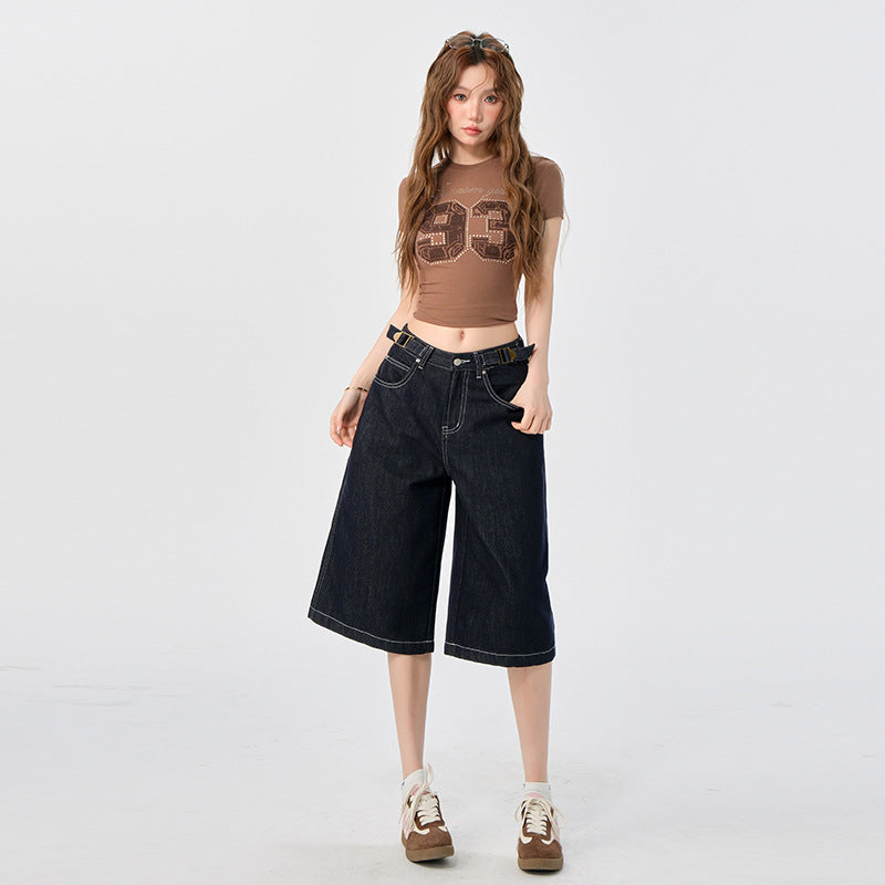 Women's Low-Waist Calf-Length Pants with Waist Design - High-Grade Casual Straight-Leg Jeans