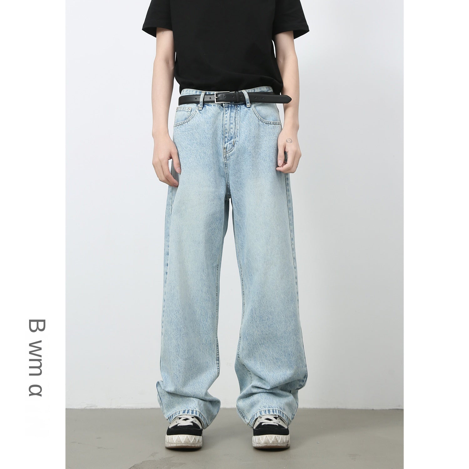 Basic Light Blue Denim Trousers for Men | Korean Style Loose Straight Leg Wide-Leg Long Pants