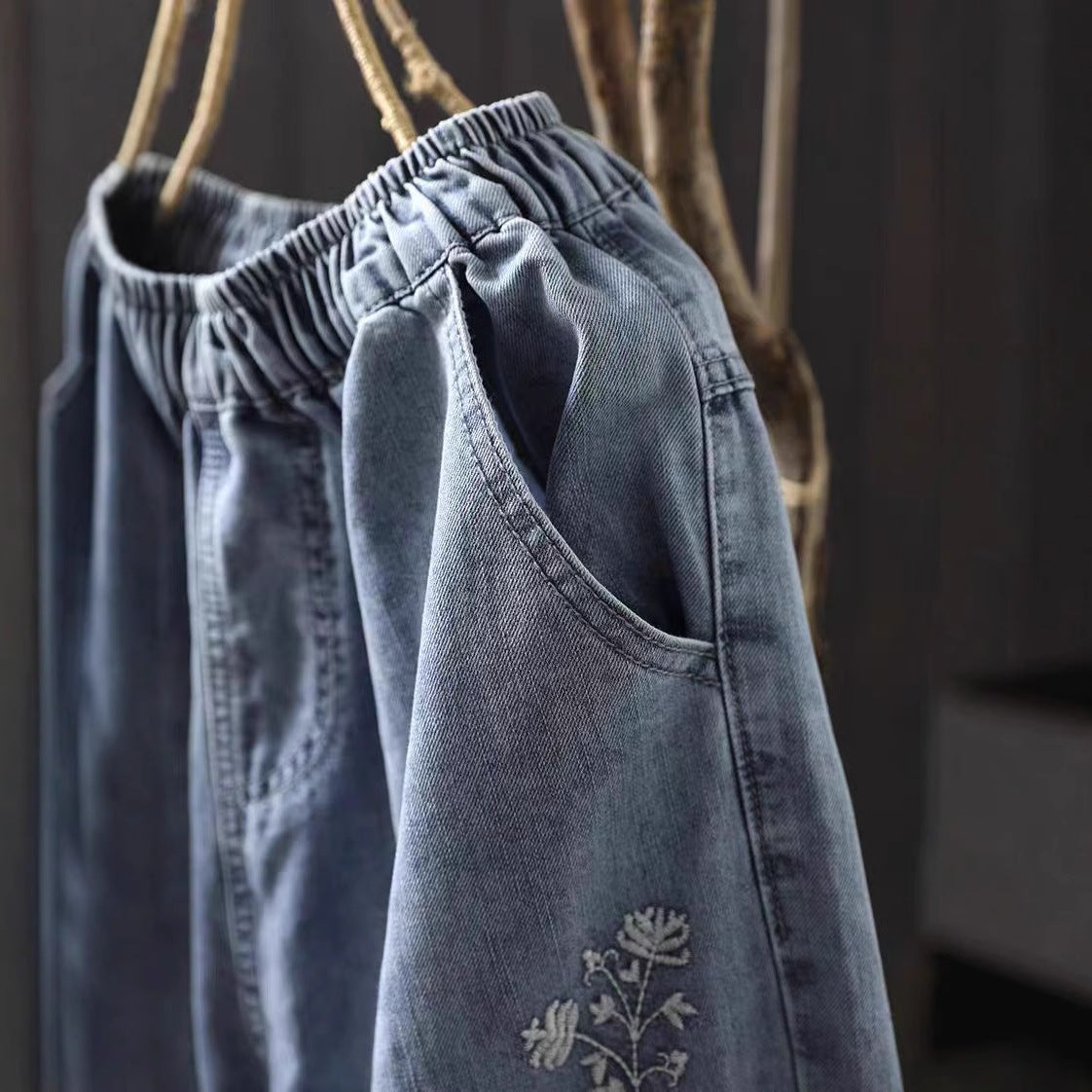 Embroidered Cotton Washed Soft Denim Harem Pants