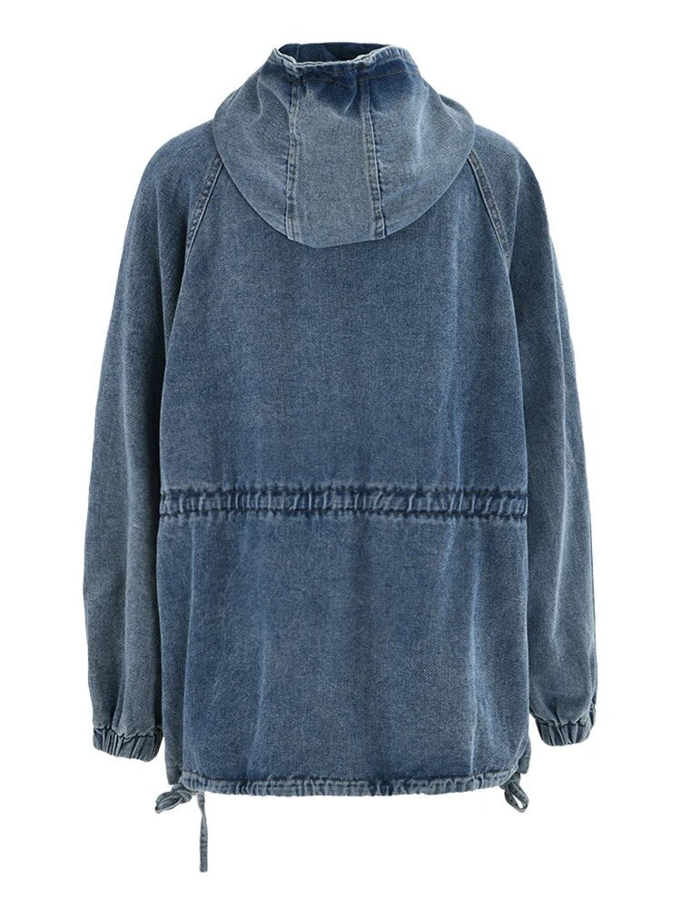 Casual Hooded Denim Jacket with Patchwork Pockets for Women