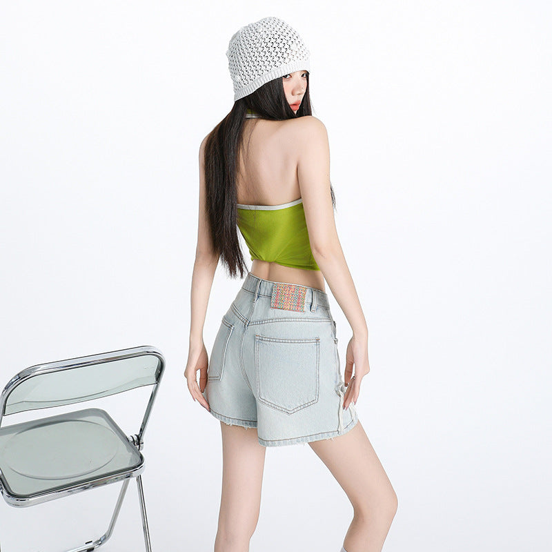 Light Blue Distressed Lace Denim Shorts for Women - High Waist Slim Wide Leg A-Line Hot Pants