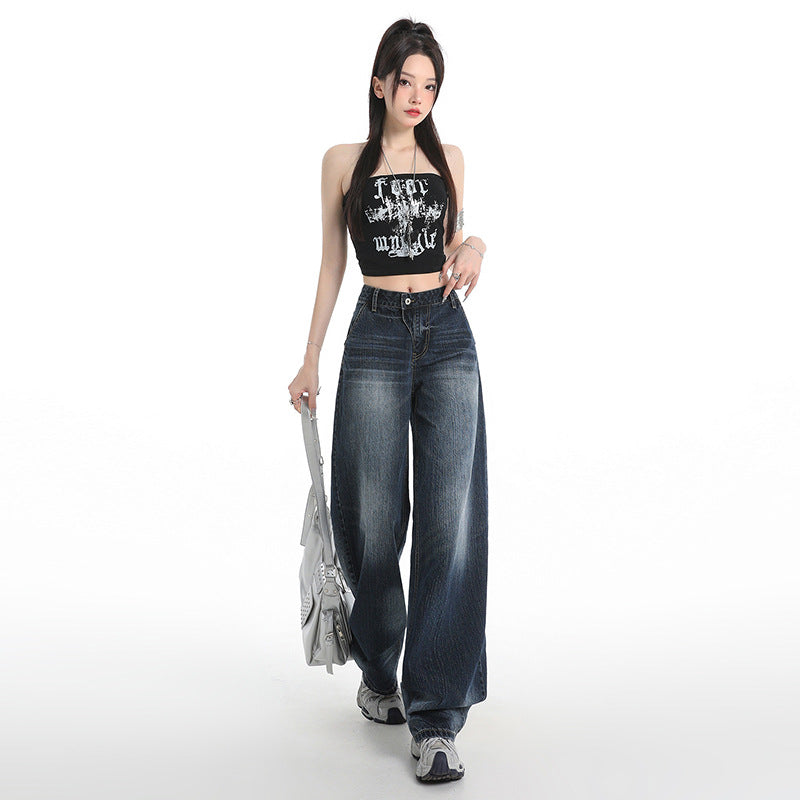 Washed Cat Whisker Wide Leg Jeans for Women - Unique Vintage Design