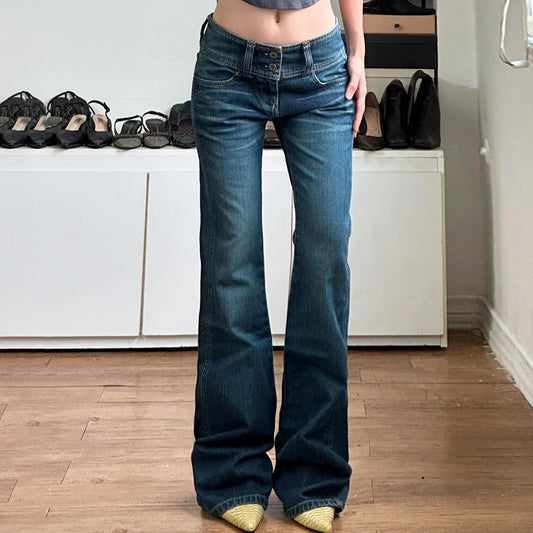 Wide Waisted Buckle Slim Fit Washed Denim Jeans