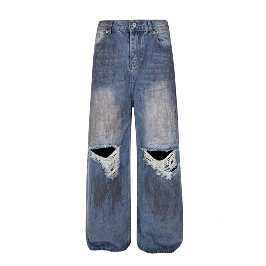 Retro Washed Faded Distressed Denim Pants - Unisex Loose Wide Leg Trousers