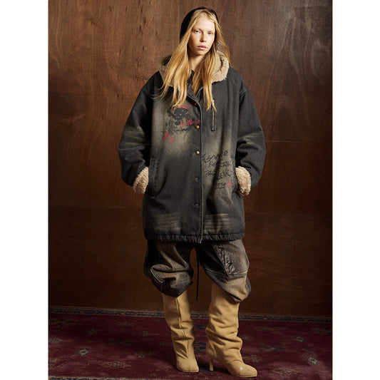 Lamb Wool Parka Coat Washed Denim Cotton Jacket