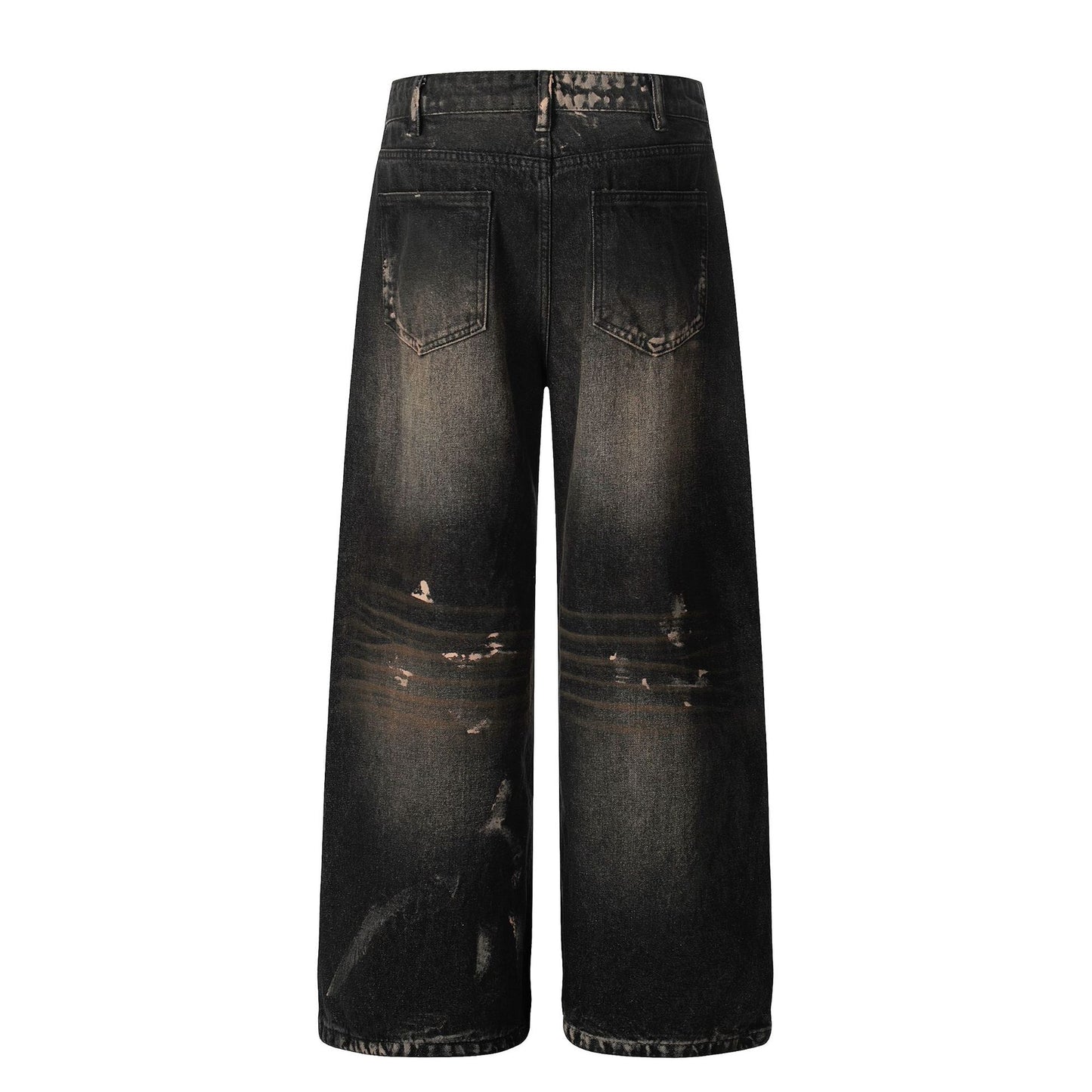 Retro Unisex  Washed Black Splatter Design Men's Loose Wide-Leg Jeans