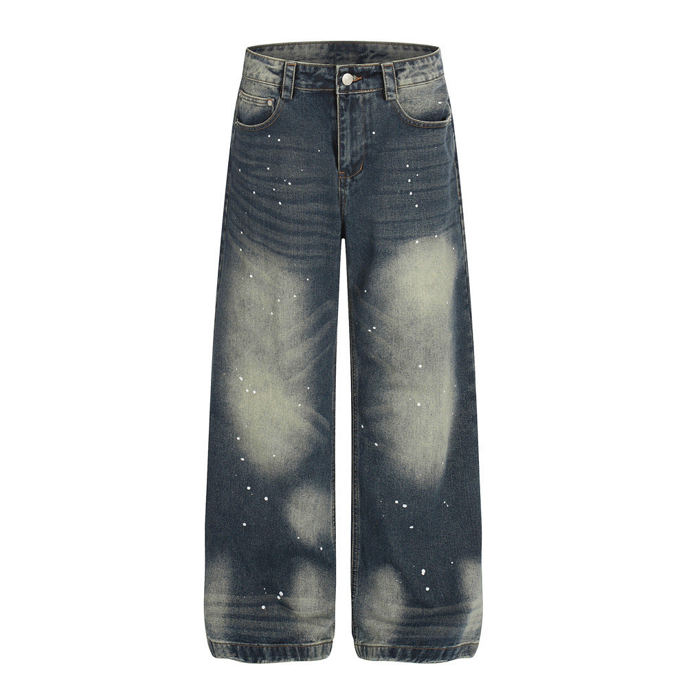 Street Style Men's Denim Pants, Distressed Dyeing Dirty Wash Wide Leg Trendy Brand Loose Fit New Style Men's Trousers