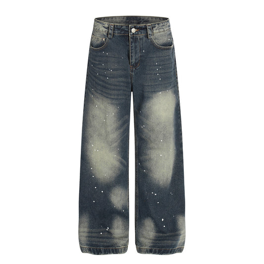 Street Style Men's Denim Pants, Distressed Dyeing Dirty Wash Wide Leg Trendy Brand Loose Fit New Style Men's Trousers