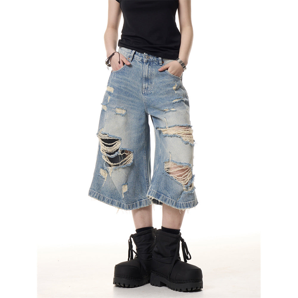 Summer Ripped Thin Cropped Pants in Blue Denim