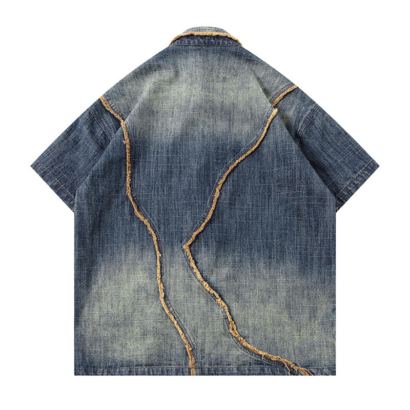 Washed Gradient Design Denim Short Sleeve Shirt