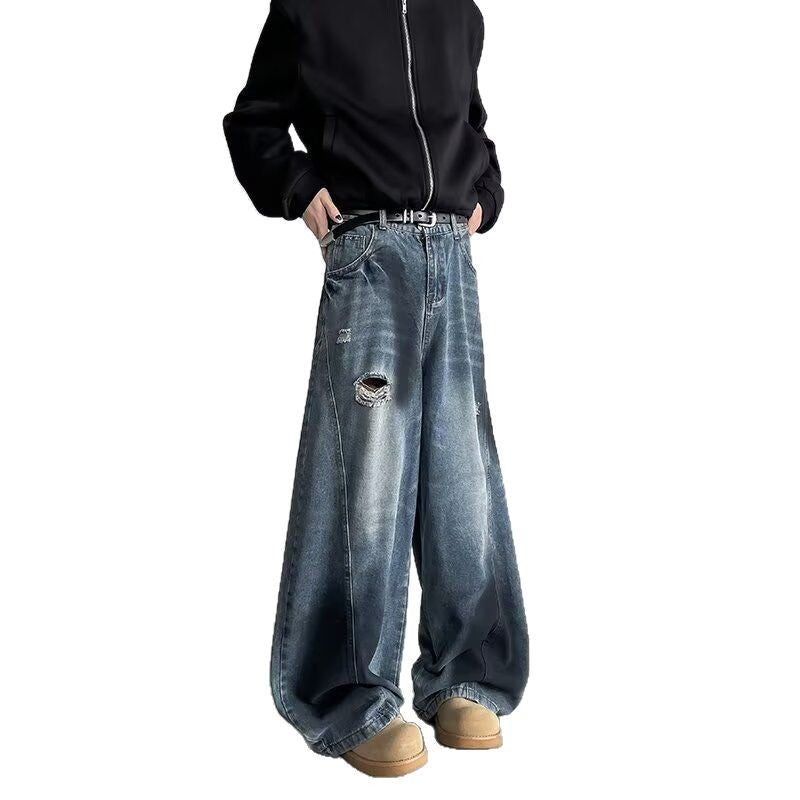 Broken Hole Curved Knife Cowboy Men's Loose Denim Pants