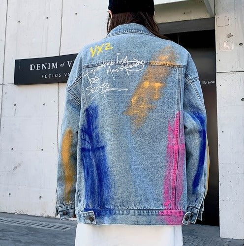 Harajuku Vintage Hand Painted Graffiti Print Denim Jacket