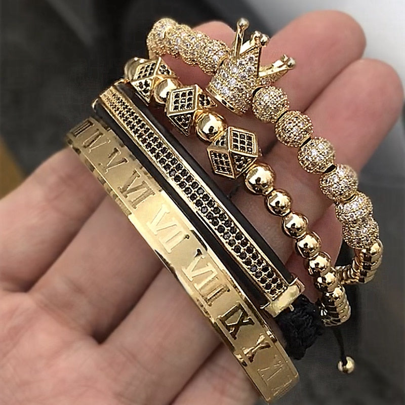 Classical Handmade Braiding Bracelet Gold Men Pave CZ Zircon Crown Roman Numeral Bracelet Luxury Jewelry