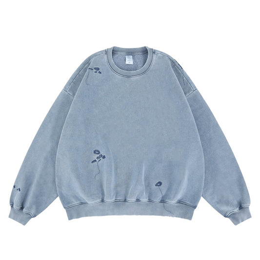 Heavy-Wash Bleached Embroidered Solid Color Fleece Crewneck Sweatshirt for Men