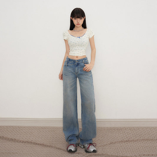 Low-Waist Loose Straight Leg Jeans with Irregular Waist Design for Women