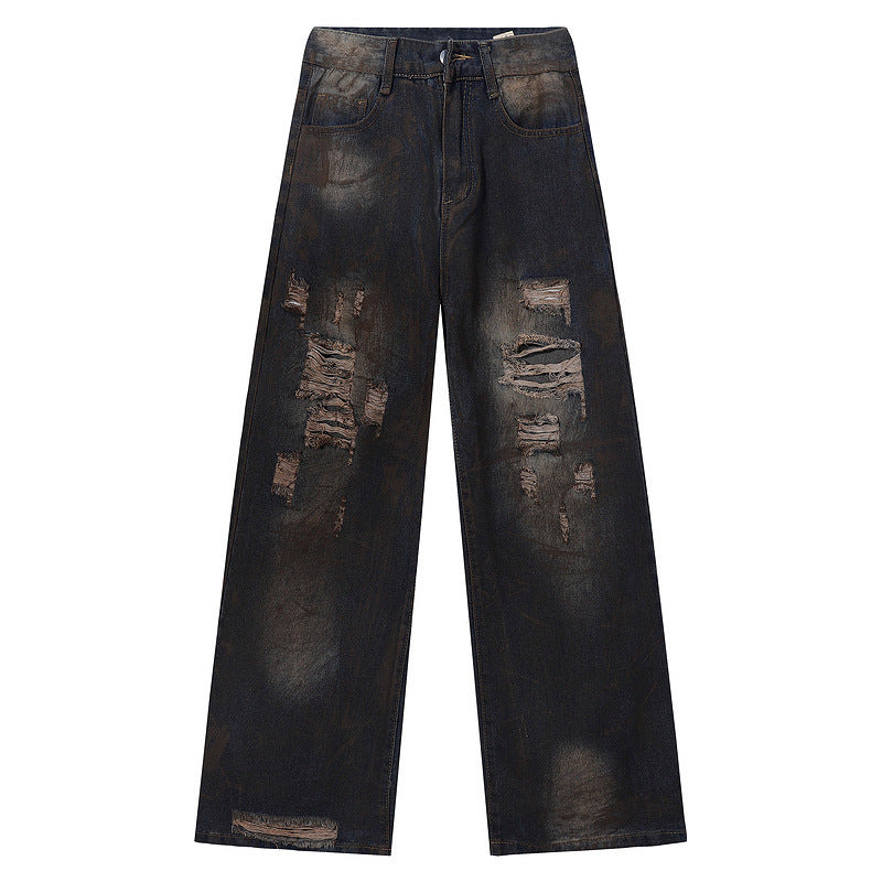 Washed Mud-Dyed Ripped Jeans - Men's Loose Wide-Leg Pants