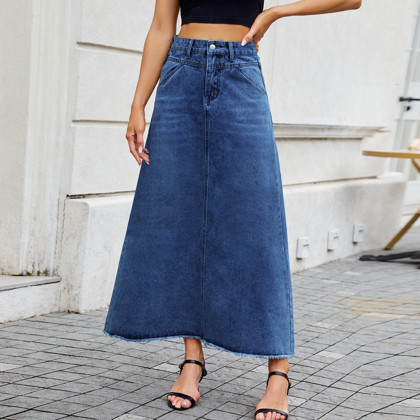 Chic High-Waisted Denim Midi Skirt for Women with Pockets