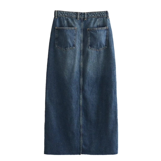 Women's Blue High-Waisted Denim Midi Skirt with Slit