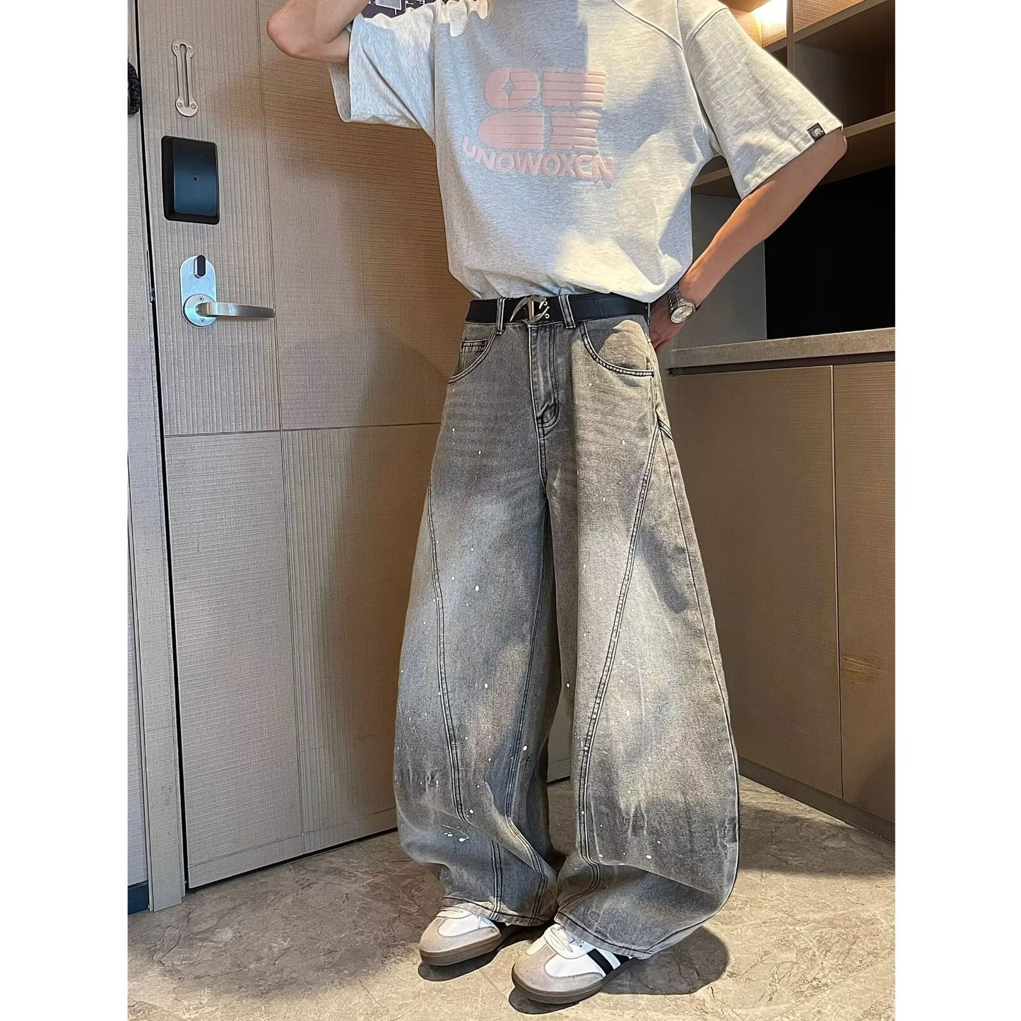 Retro Washed Curved Knife Denim Loose Drape Wide Leg Floor Length Pants