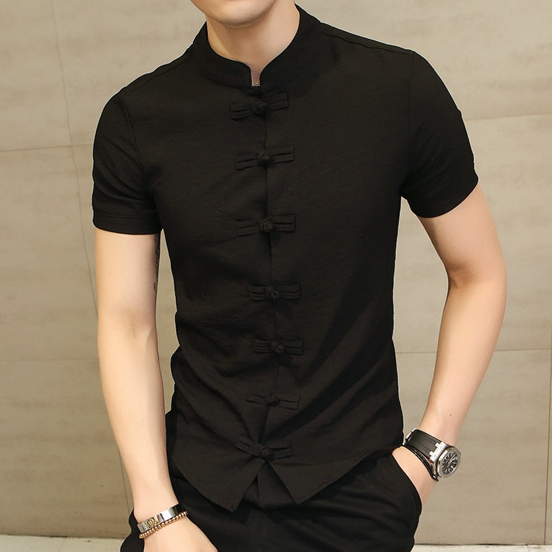Men's Chinese Style Linen Slim Fit Casual Short Sleeve Shirt