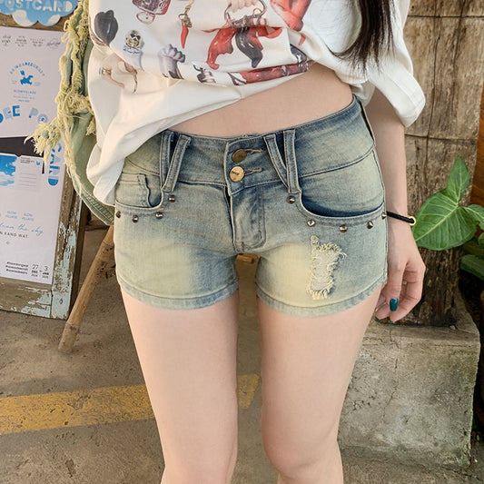 Low-Waist Studded Denim Ultra-Short Summer Skinny Ripped Hot Pants